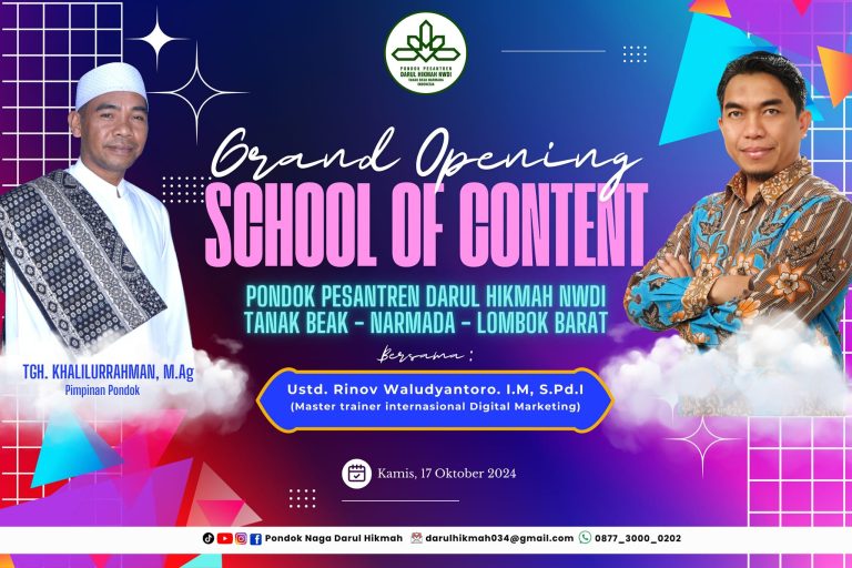 Hari ini !!! ✨ Akan berlangsung grand opening School of Content (SOC) Pondok Naga Darul Hikmah. Bersama ustadz Rinov selaku pemateri yang diikuti oleh seluruh santri Pondok Naga Darul Hikmah 🔥